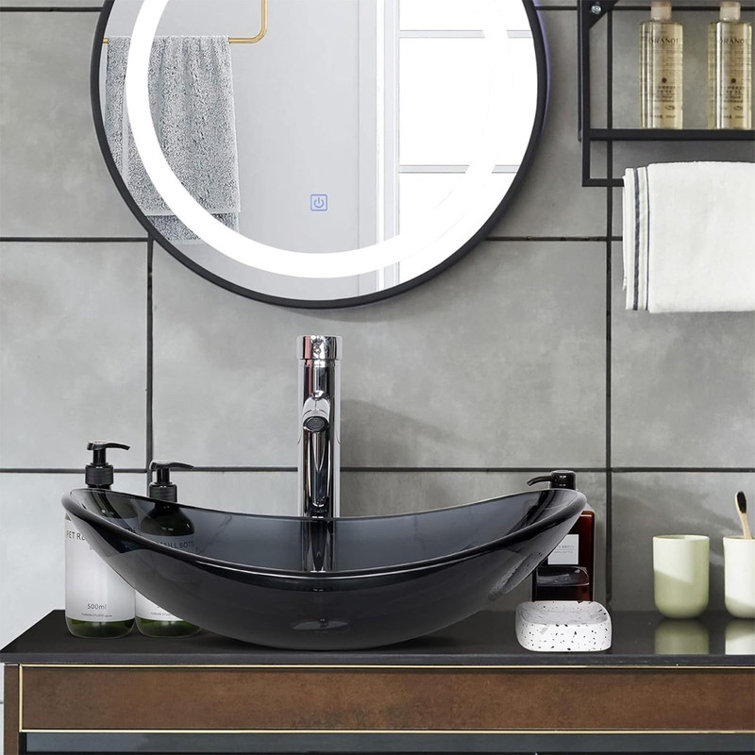 Minoky Bathroom Boat Shape Glass Vessel Sink Basin with Faucet and Pop